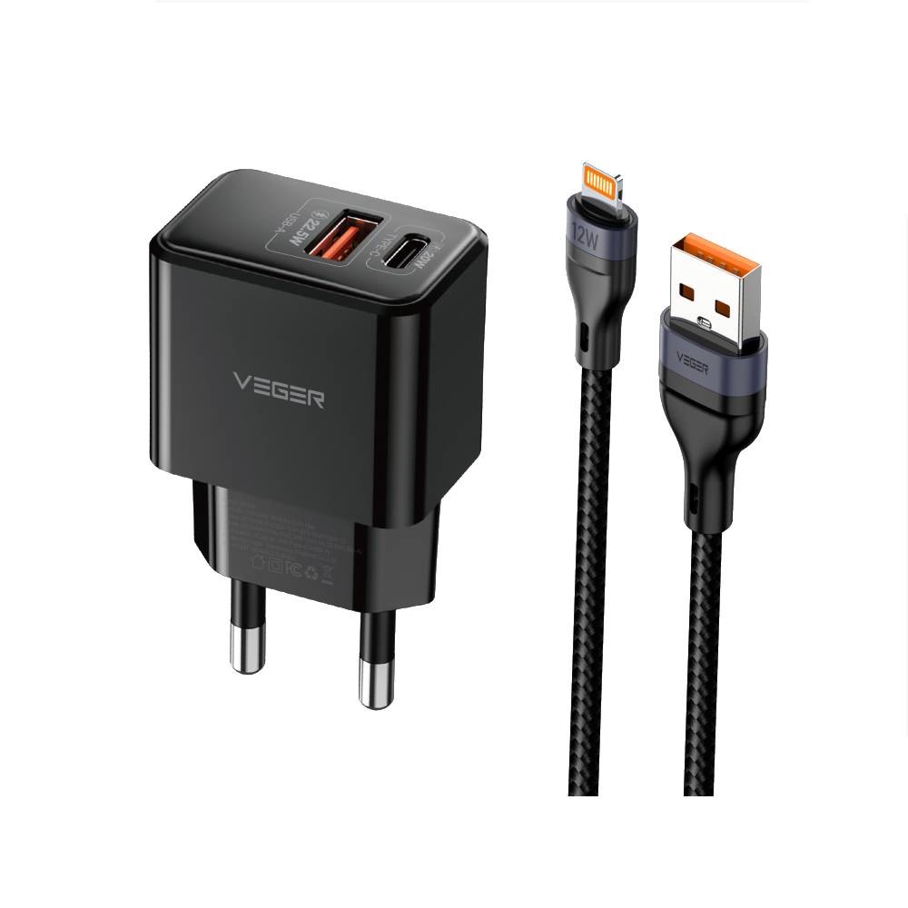 อะแดปเตอร์ VEGER Wall Charger 1 USB-A / 1 USB-C 20W พร้อมสายชาร์จ USB-A to Lightning เมตร