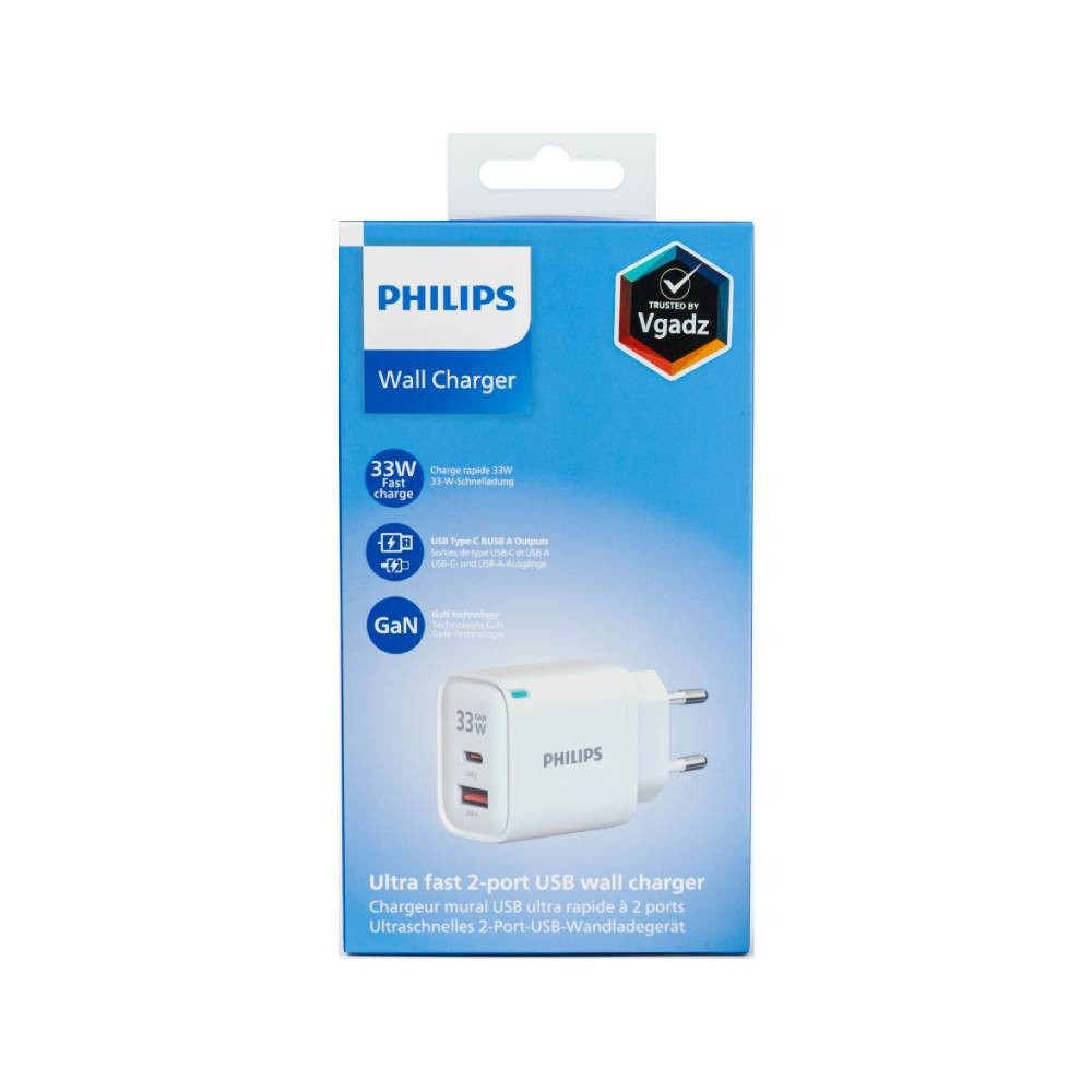 อะแดปเตอร์ Philips Wall Charger 1 USB-A / 1 USB-C 33W GaN White (TISI)