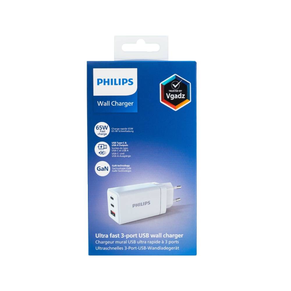 อะแดปเตอร์ Philips Wall Charger 1 USB-A / 2 USB-C 65W GaN White (TISI)