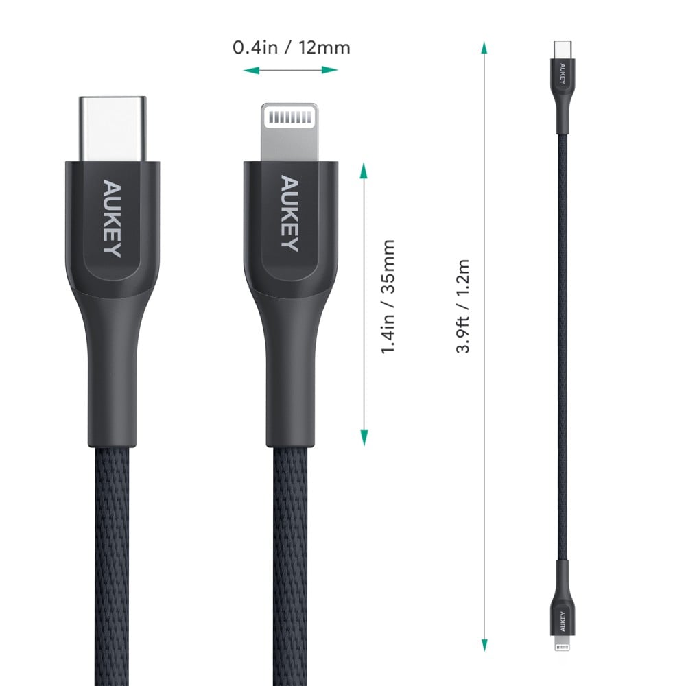 สายชาร์จ AUKEY USB-C to Lightning Cable Kevar (MFI) 1.2M. Black (CB-AKL3)