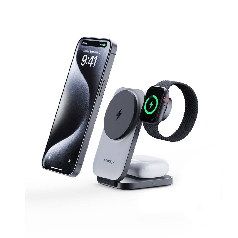 ที่ชาร์จไร้สาย AUKEY 3-in-1 Qi2 Foldable Magnetic Stand 15W + Wall USB Charger 1 USB-C (30W) Gray (LC-MC312)