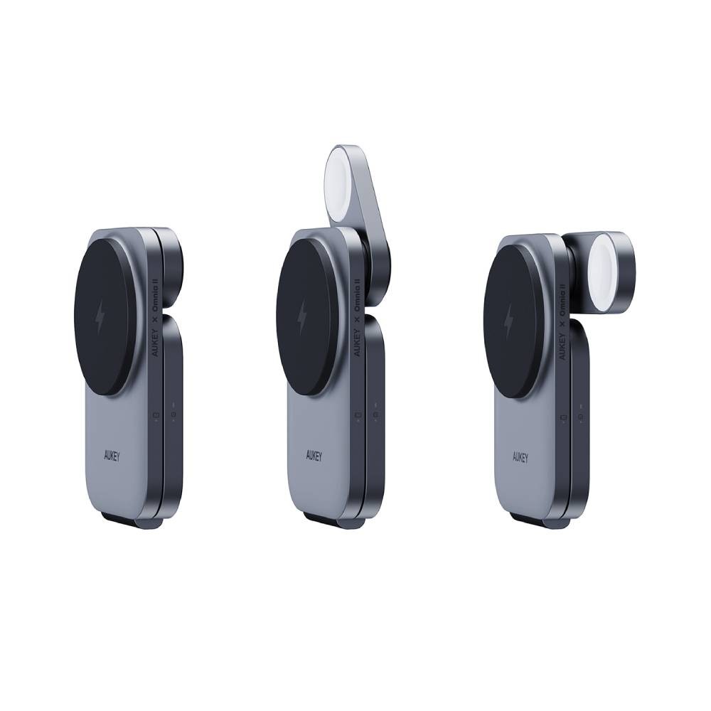 ที่ชาร์จไร้สาย AUKEY 3-in-1 Qi2 Foldable Magnetic Stand 15W + Wall USB Charger 1 USB-C (30W) Gray (LC-MC312)