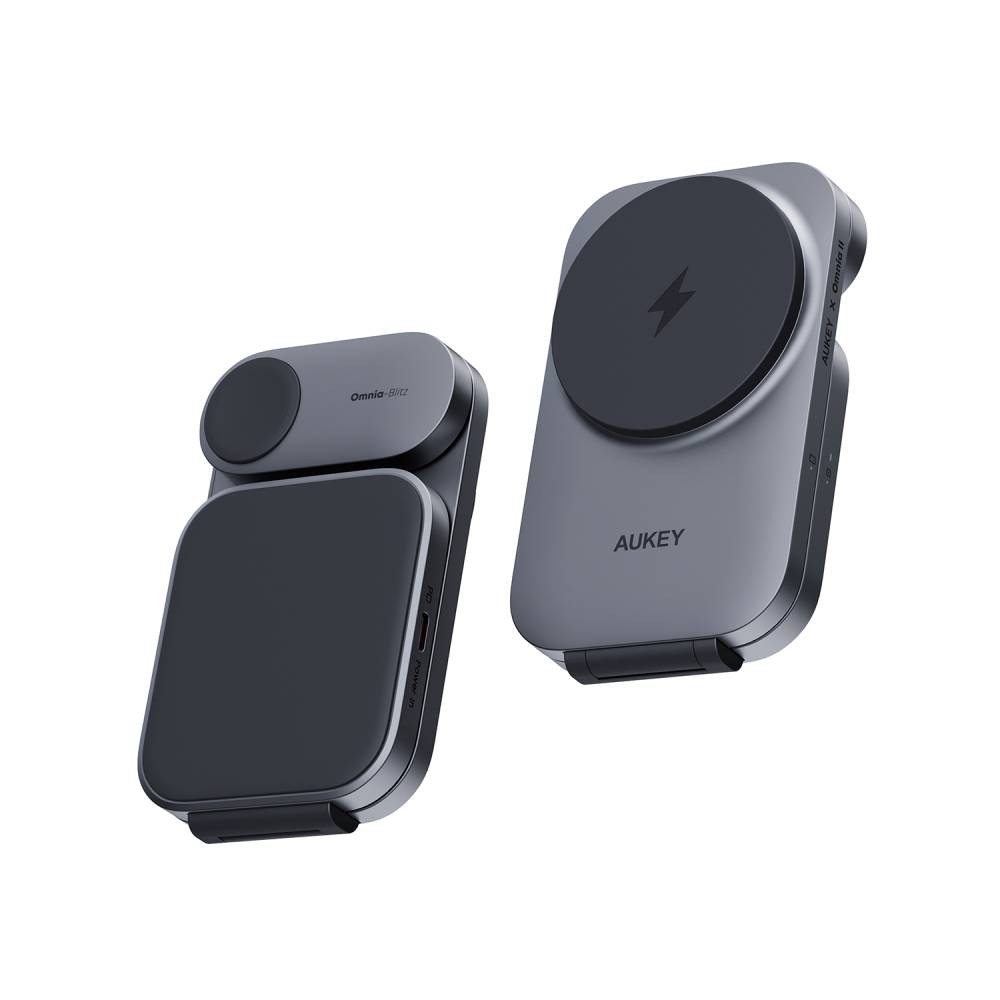 ที่ชาร์จไร้สาย AUKEY 3-in-1 Qi2 Foldable Magnetic Stand 15W + Wall USB Charger 1 USB-C (30W) Gray (LC-MC312)