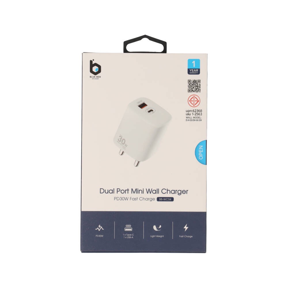 อะแดปเตอร์ Blue Box Wall USB Charger 1 USB-A / 1 USB-C (PD30W) White (BB-WC04) (TISI)