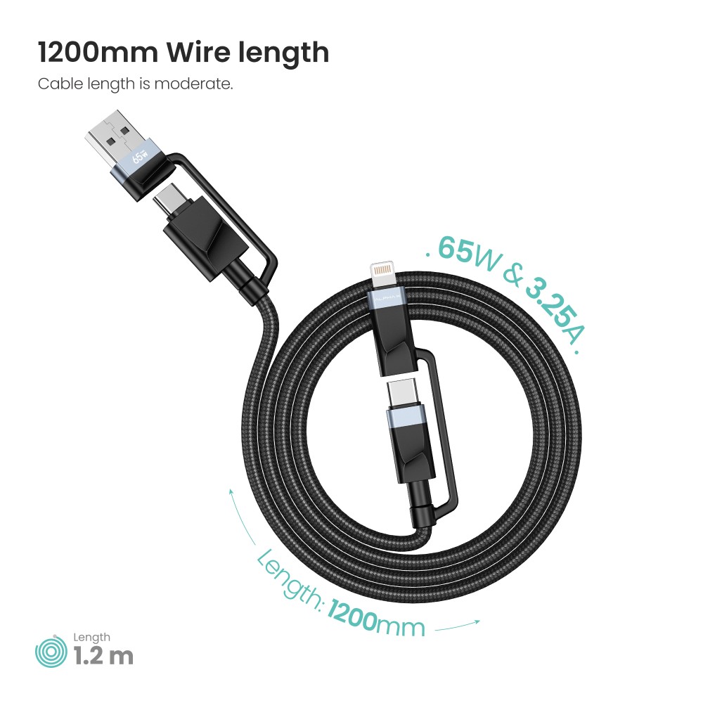 สายชาร์จ ALPHA.X 4-in-1 Multifunctional Cable 65W Fast Charge & Data 1.2M Black (ALU-4in1-15)