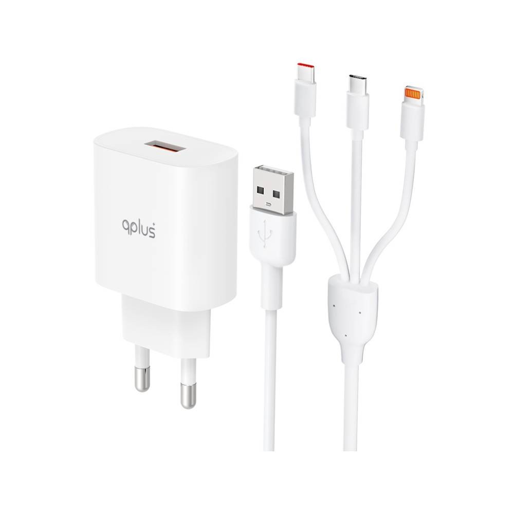 อะแดปเตอร์พร้อมสายชาร์จ QPLUS Wall USB Charger 1 USB-A (QC3.0A/18W) + 3-in-1 Cable 1M. White (QA18) (TIS