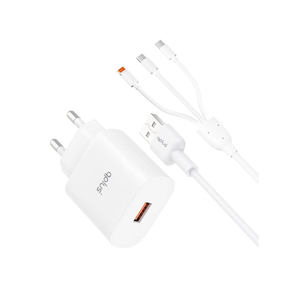 อะแดปเตอร์พร้อมสายชาร์จ QPLUS Wall USB Charger 1 USB-A (QC3.0A/18W) + 3-in-1 Cable 1M. White (QA18) (TISI)