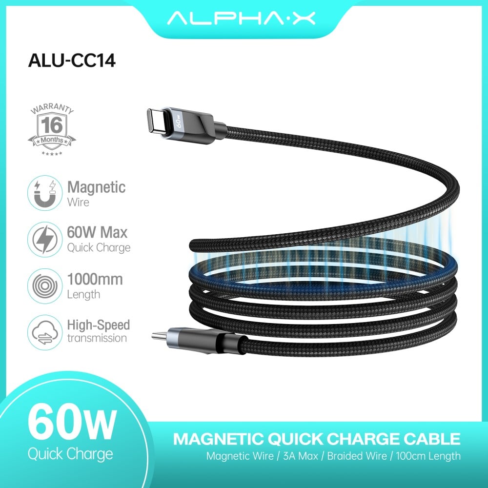 สายชาร์จ ALPHA.X USB-C to USB-C Magnetic Cable 60W 1M. Black (ALU-CC14)