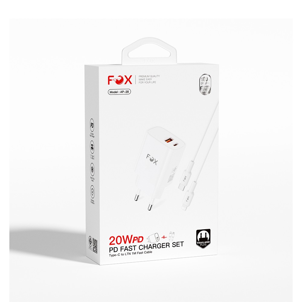 อะแดปเตอร์ FOX Wall USB Charger 1 USB-A (QC3.0A) / 1 USB-C (PD20W) + USB-C to Lightning Cable 1M. White (AP28)