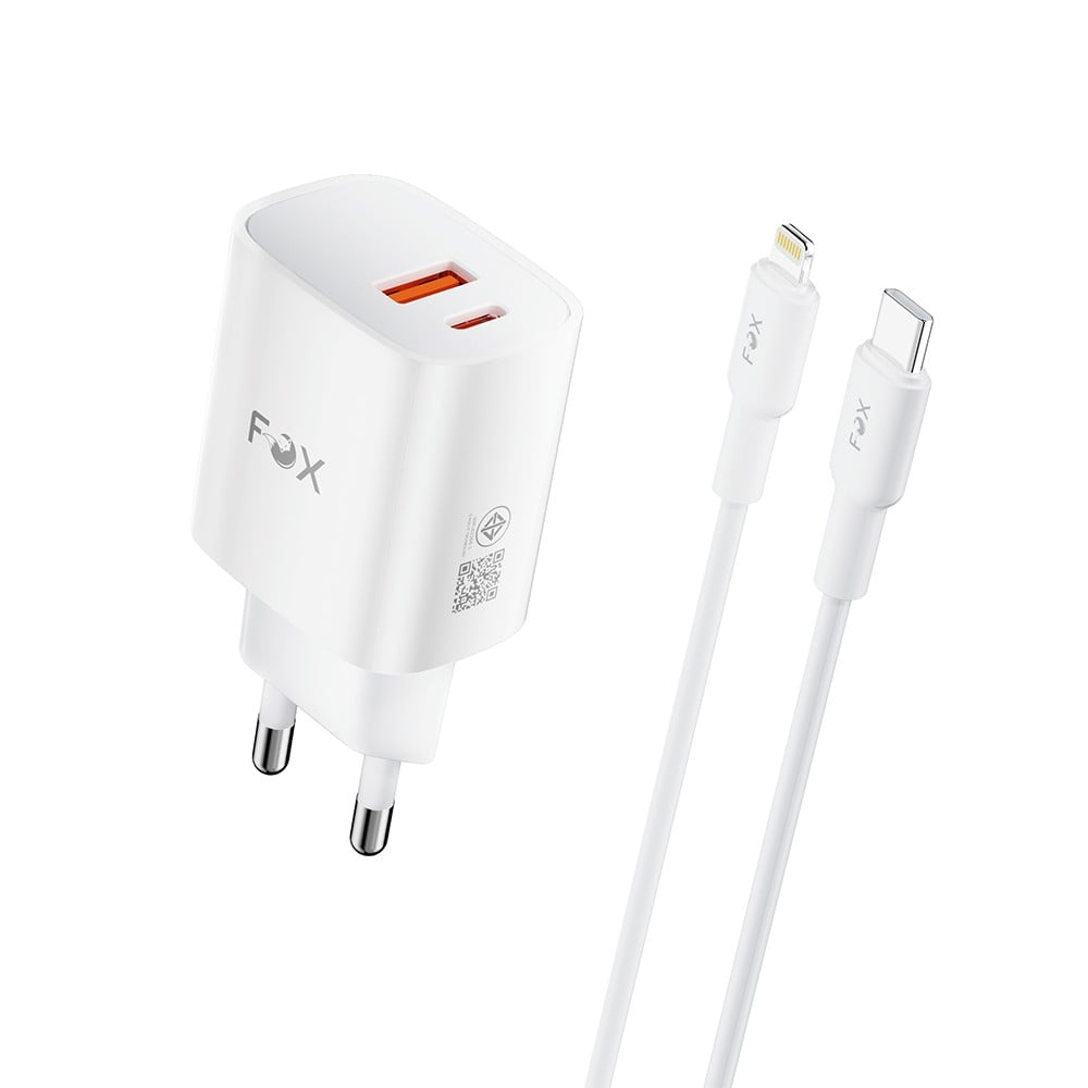 อะแดปเตอร์ FOX Wall USB Charger 1 USB-A (QC3.0A) / 1 USB-C (PD20W) + USB-C to Lightning Cable 1M. White (AP28)
