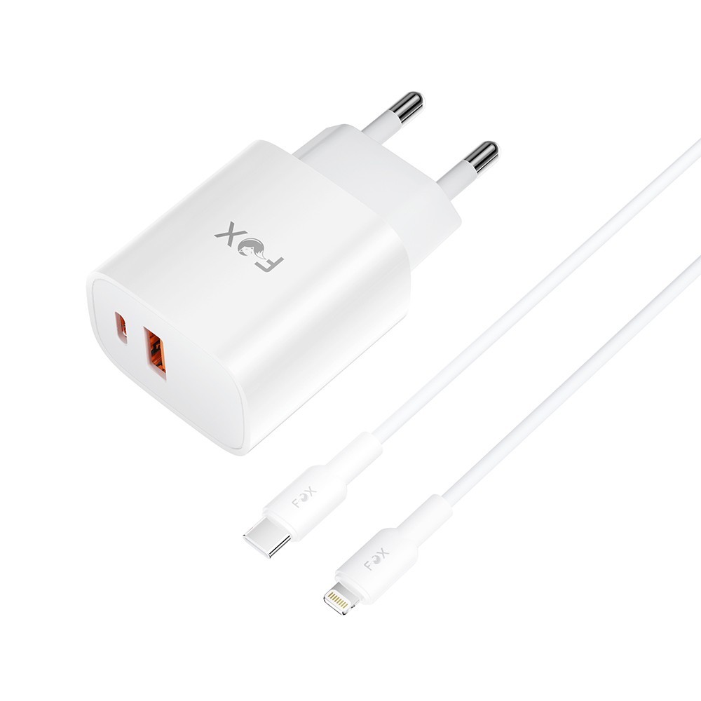 อะแดปเตอร์ FOX Wall USB Charger 1 USB-A (QC3.0A) / 1 USB-C (PD20W) + USB-C to Lightning Cable 1M. White (AP28)