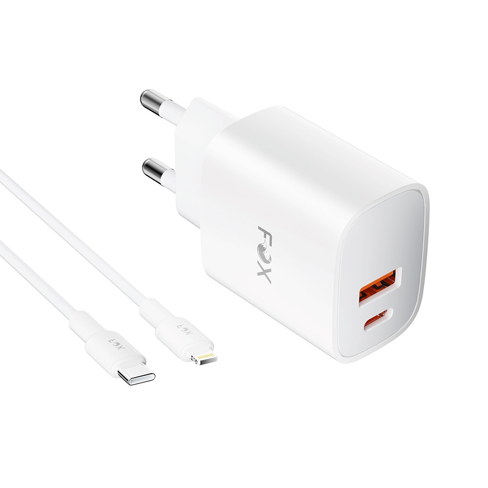 อะแดปเตอร์ FOX Wall USB Charger 1 USB-A (QC3.0A) / 1 USB-C (PD20W) + USB-C to Lightning Cable 1M. White (AP28)
