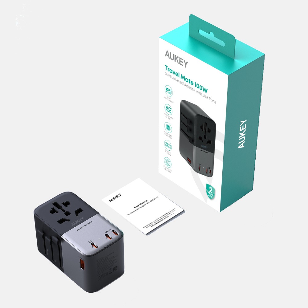 หัวแปลงปลั๊กไฟ AUKEY Travel Mate 100W GaN Universal Adapter with USB Ports (PA-TA09A)