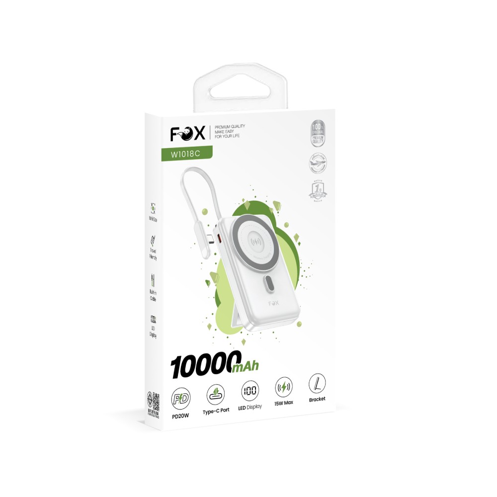 พาวเวอร์แบงค์ FOX 10000 mAh Mini Magnetic Wireless W1081C White