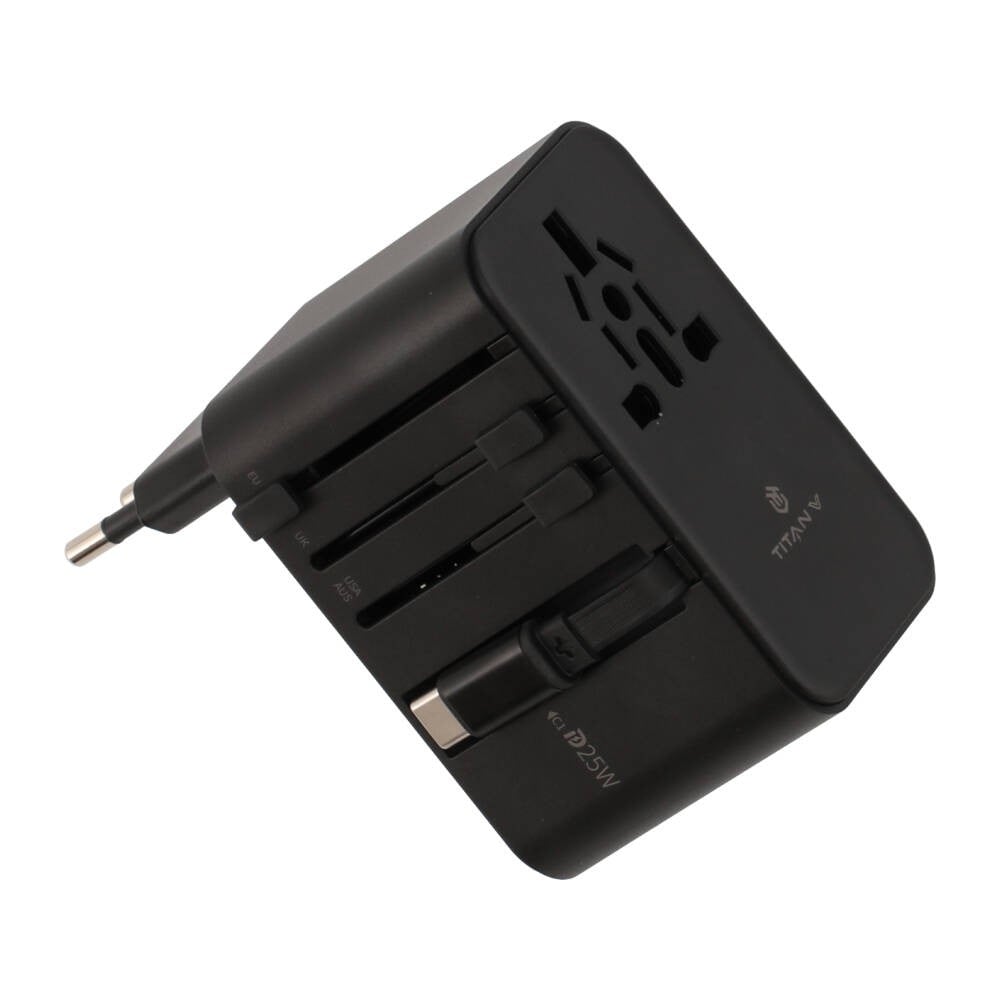 หัวแปลงปลั๊กไฟ TITANV Multifunction Universal Travel Adapter with Type-C Cable 25W Black (PLGTTV001)
