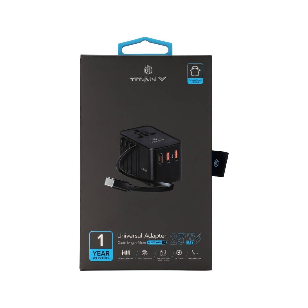 หัวแปลงปลั๊กไฟ TITANV Multifunction Universal Travel Adapter with Type-C Cable 25W Black (PLGTTV001)