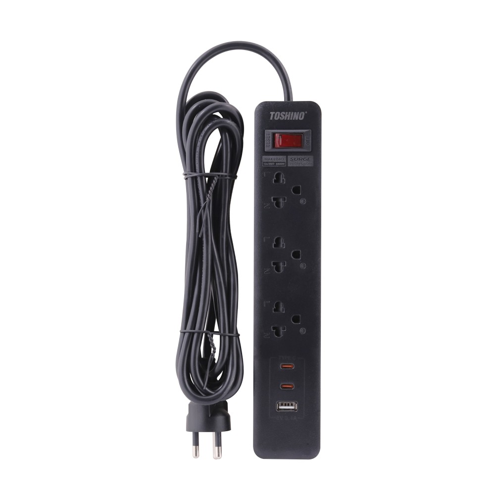 ปลั๊กไฟ Toshino Plug 3 Sockets 10A/2300W TypeC USB5V 3.4A Black