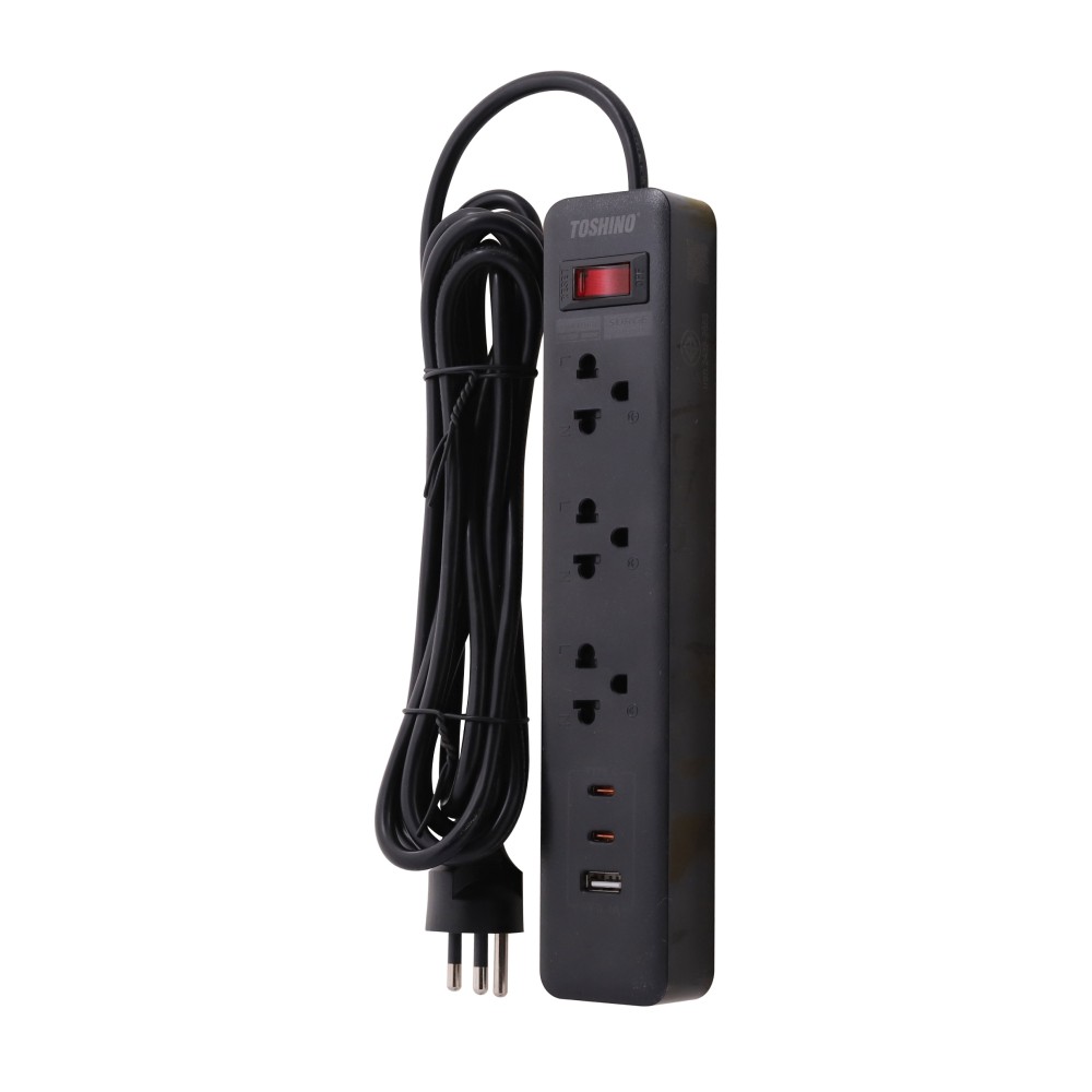 ปลั๊กไฟ Toshino Plug 3 Sockets 10A/2300W TypeC USB5V 3.4A Black