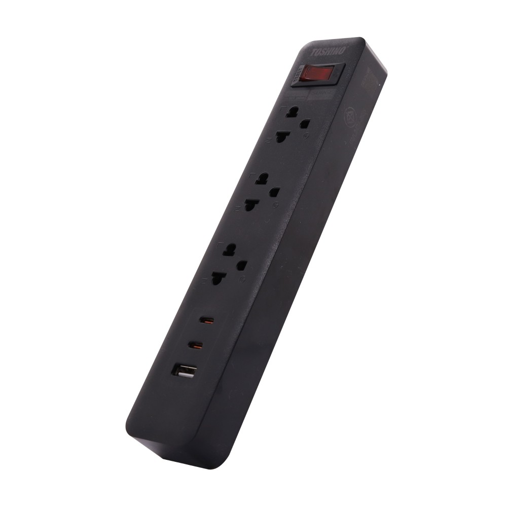 ปลั๊กไฟ Toshino Plug 3 Sockets 10A/2300W TypeC USB5V 3.4A Black