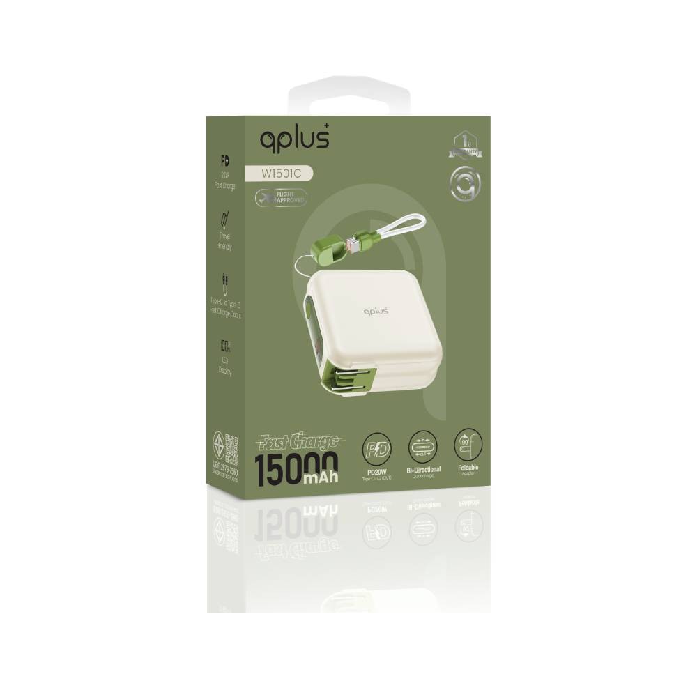 พาวเวอร์แบงค์ QPLUS 15000 mAh LED Display with 2-in-1 Cable (W1501C) Green