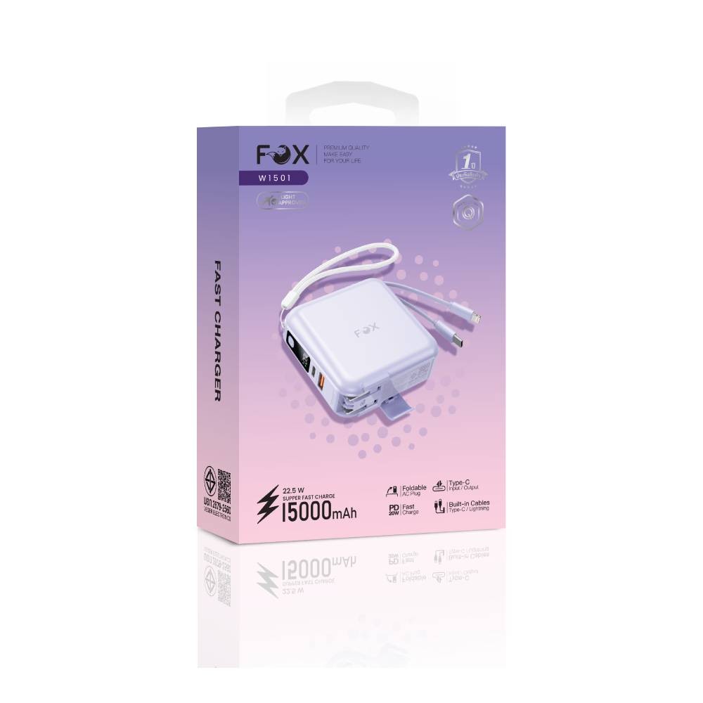 พาวเวอร์แบงค์ FOX 15000 mAh LED Display 2-in-1 Cable W1501 Purple