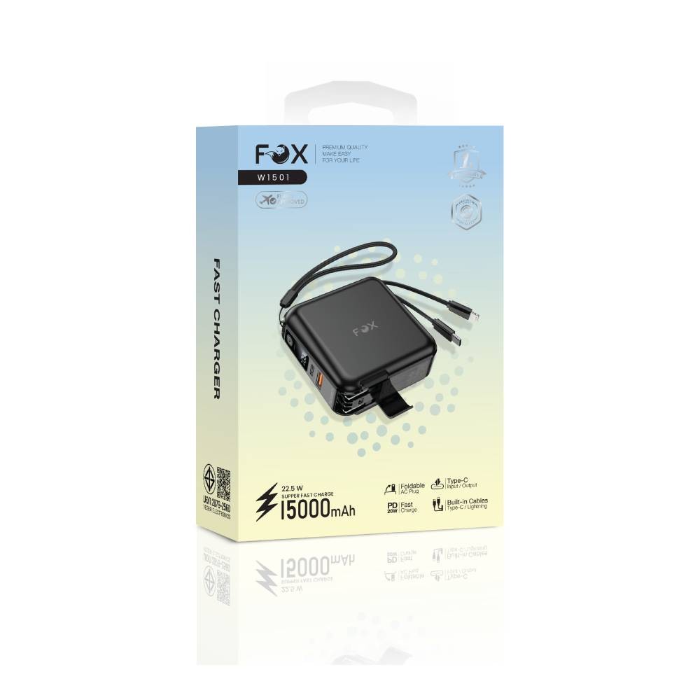 พาวเวอร์แบงค์ FOX 15000 mAh LED Display 2-in-1 Cable W1501 Black