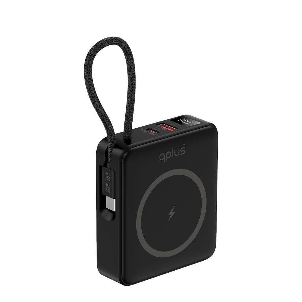 พาวเวอร์แบงค์ QPLUS 10000 mAh Mini Magnetic 15W LED Display with Type-C Buit-in Cable W1010C (CCC) Black