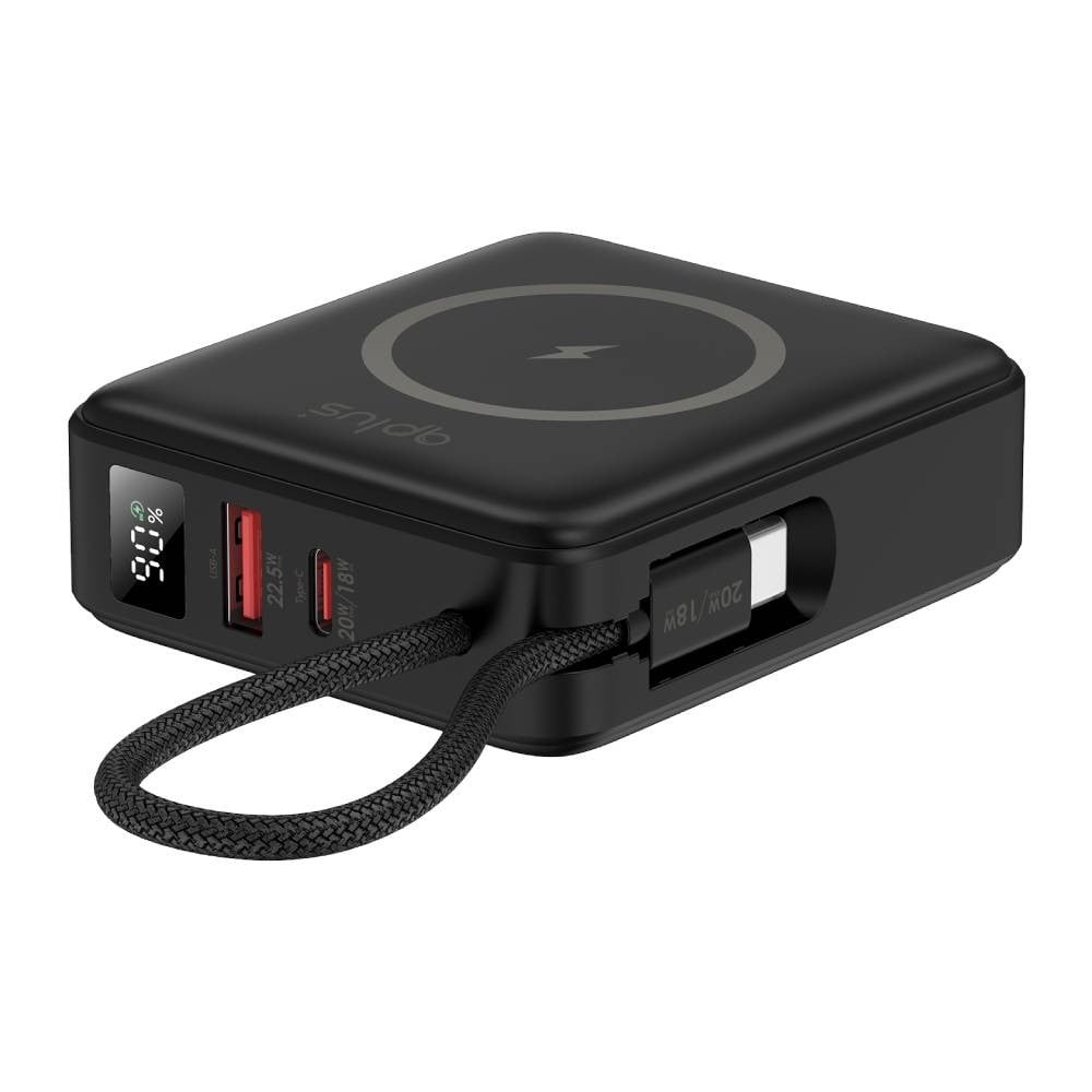 พาวเวอร์แบงค์ QPLUS 10000 mAh Mini Magnetic 15W LED Display with Type-C Buit-in Cable W1010C (CCC) Black