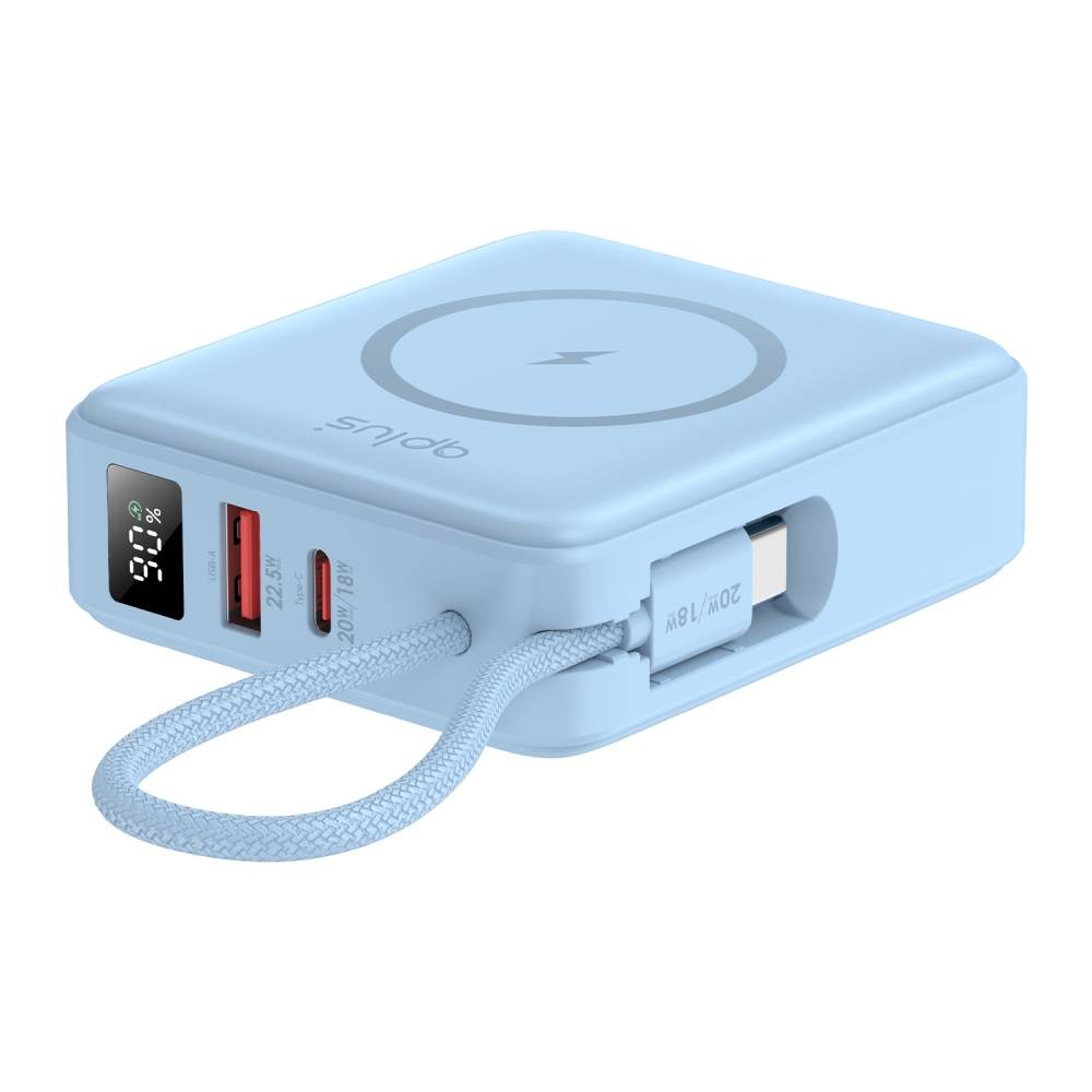 พาวเวอร์แบงค์ QPLUS 10000 mAh Mini Magnetic 15W LED Display with Type-C Buit-in Cable W1010C (CCC) Blue