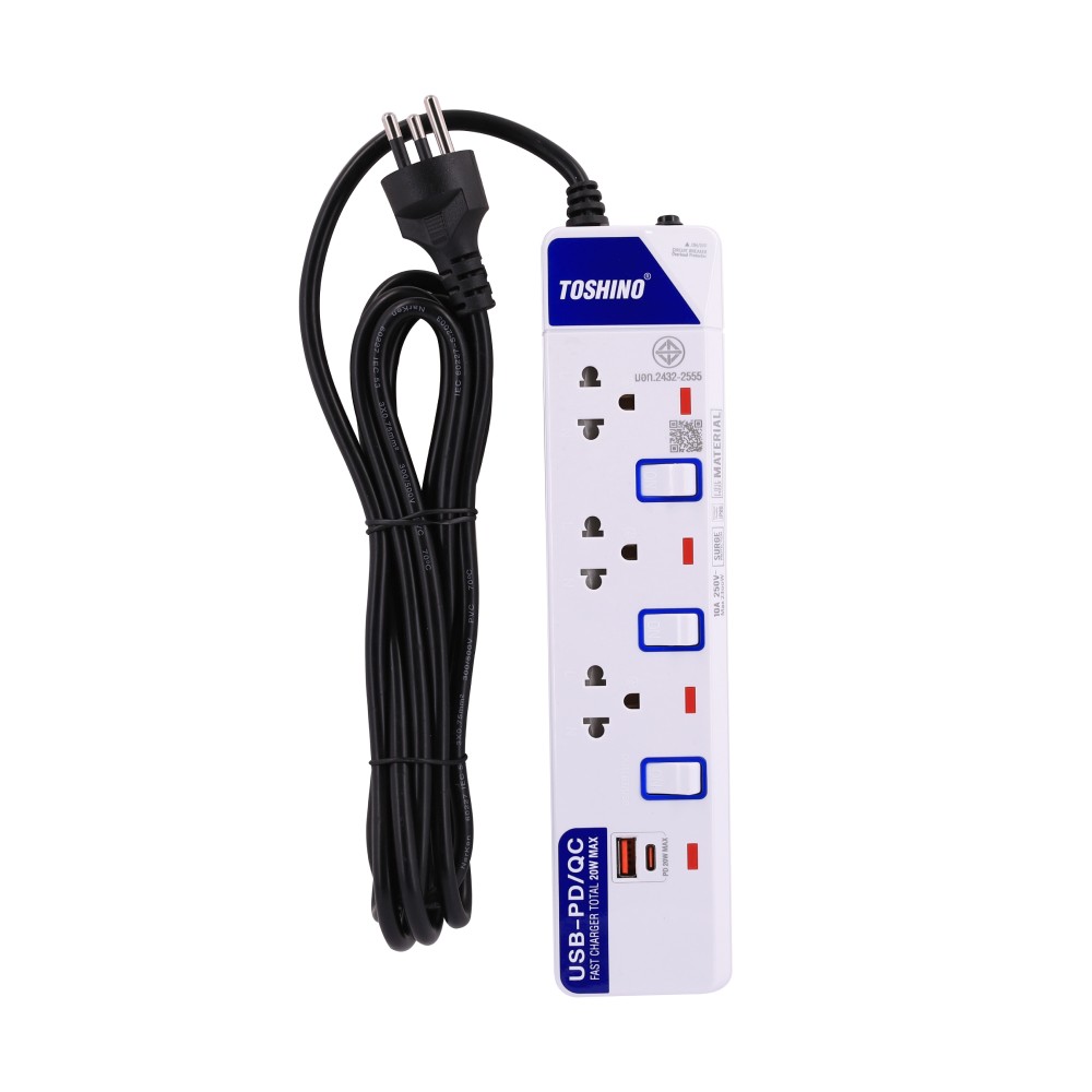 ปลั๊กไฟ Toshino Plug 3 Way 3 Switch 1C1A 20W 3M. (ET-913UC)