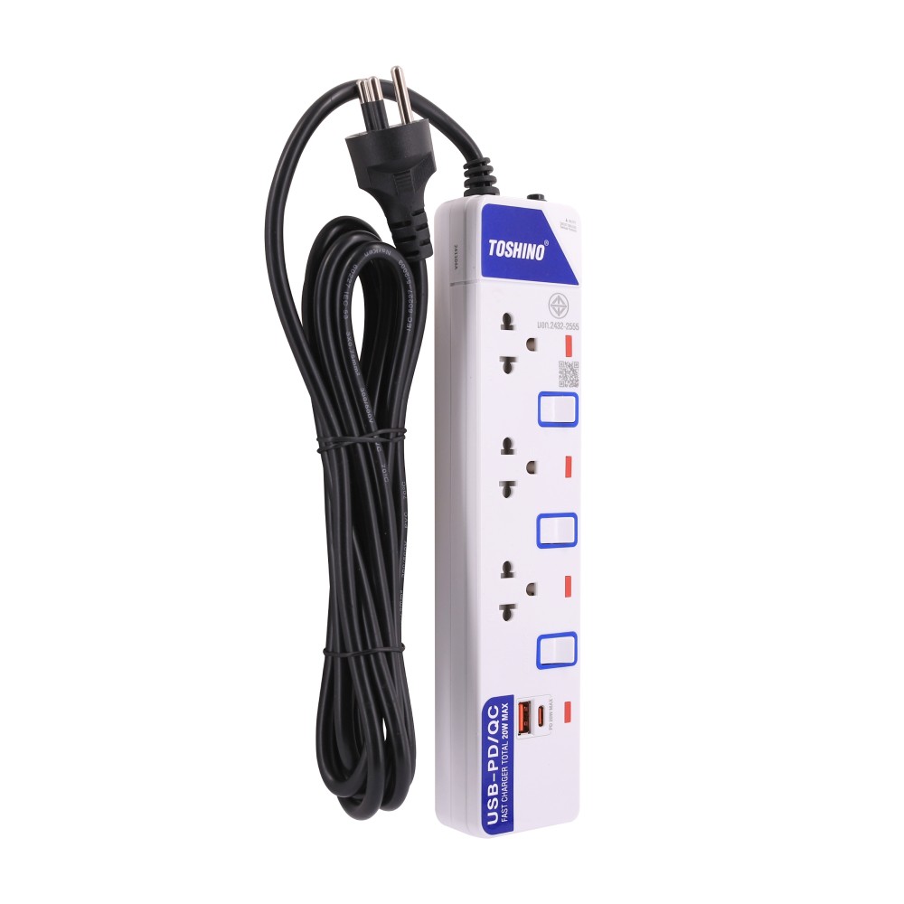 ปลั๊กไฟ Toshino Plug 3 Way 3 Switch 1C1A 20W 3M. (ET-913UC)