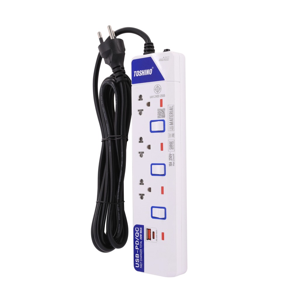ปลั๊กไฟ Toshino Plug 3 Way 3 Switch 1C1A 20W 3M. (ET-913UC)