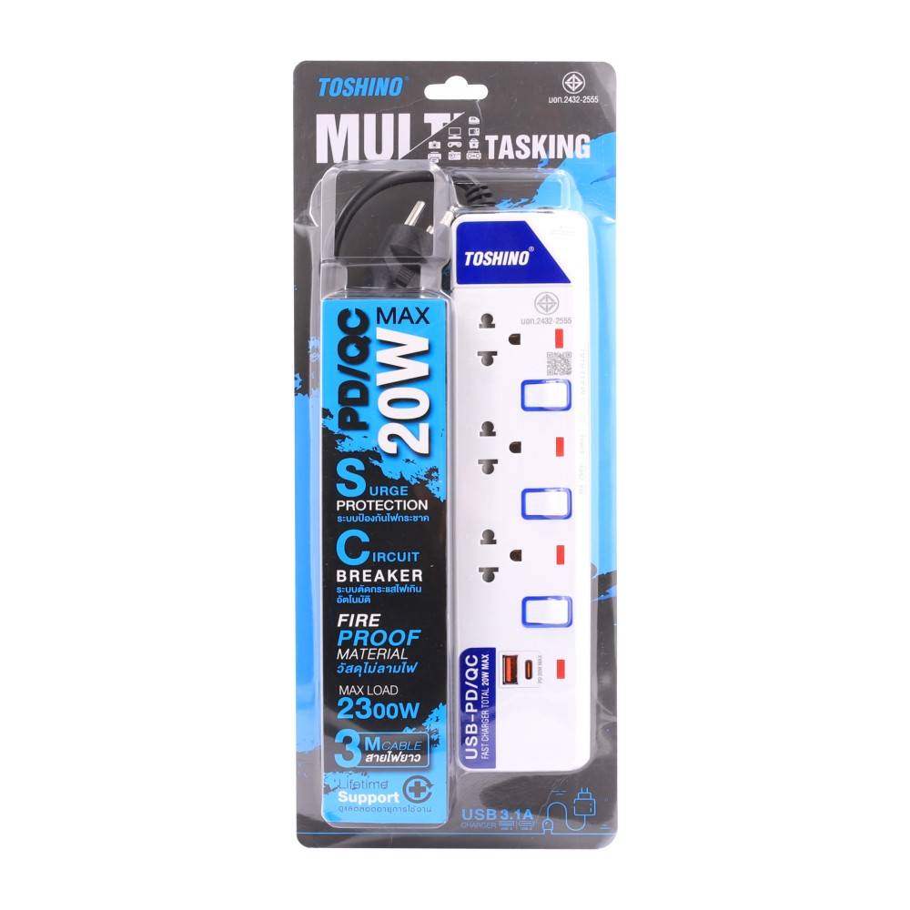 ปลั๊กไฟ Toshino Plug 3 Way 3 Switch 1C1A 20W 3M. (ET-913UC)