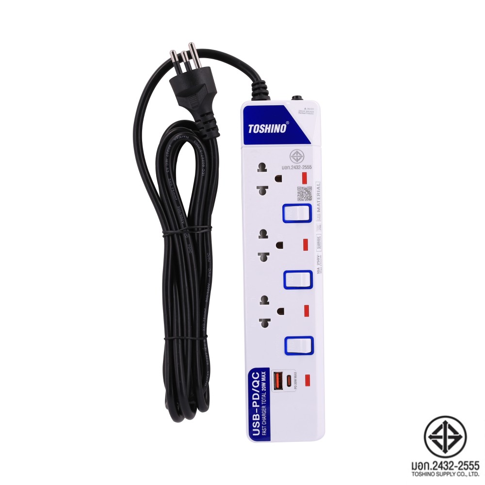 ปลั๊กไฟ Toshino Plug 3 Way 3 Switch 1C1A 20W 3M. (ET-913UC)