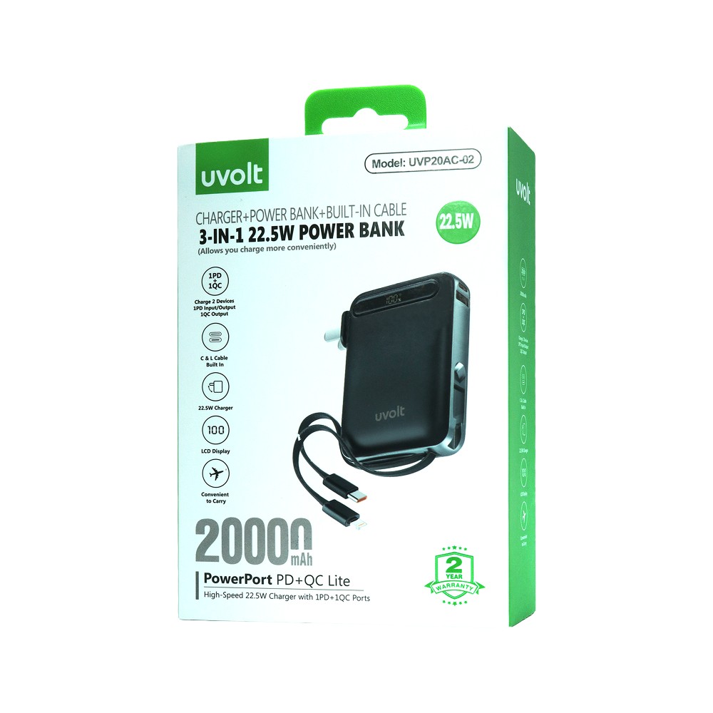 พาวเวอร์แบงค์ UVolt 20000 mAh Built-In Cable+AC UVP20AC-02 Black (CCC)