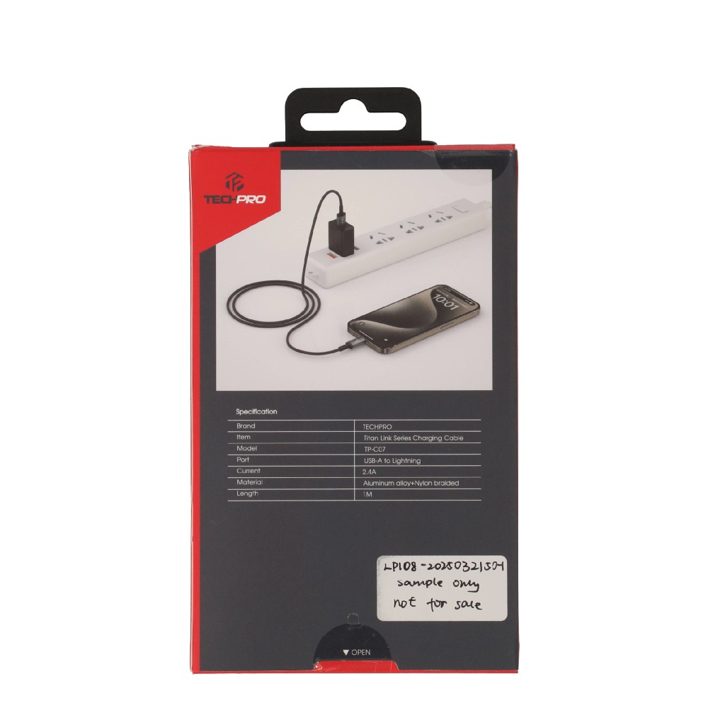 สายชาร์จ TECHPRO USB-A to Lightning Cable 2.4A Fast Charge 1M. Titanlink Black (TP-C07)