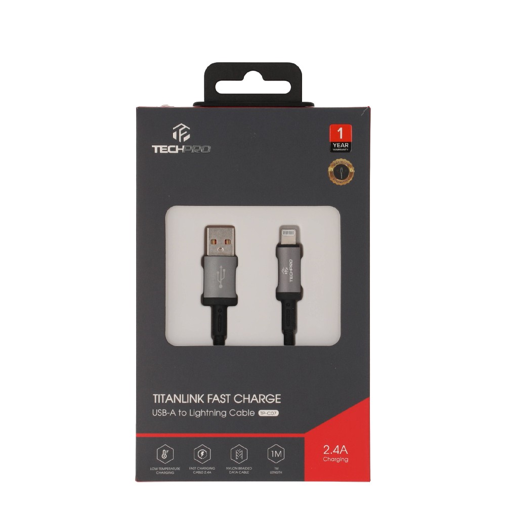 สายชาร์จ TECHPRO USB-A to Lightning Cable 2.4A Fast Charge 1M. Titanlink Black (TP-C07)