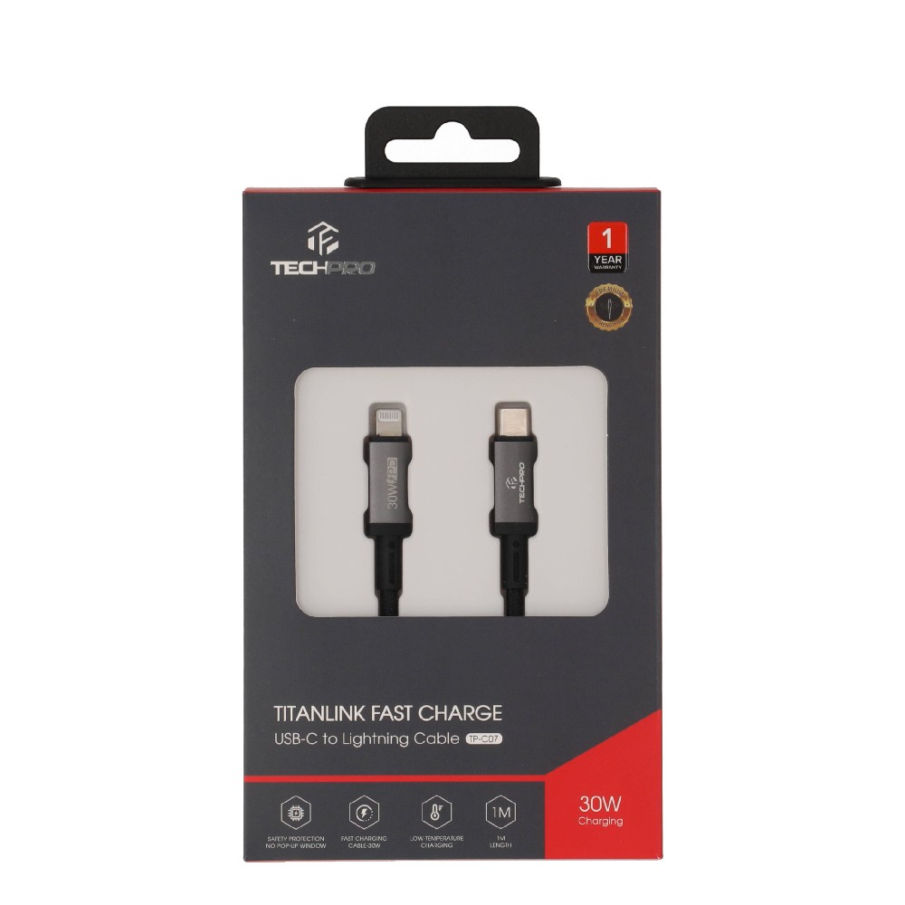 สายชาร์จ TECHPRO USB-C to Lightning Cable 30W 1M. Titanlink Black (TP-C07)