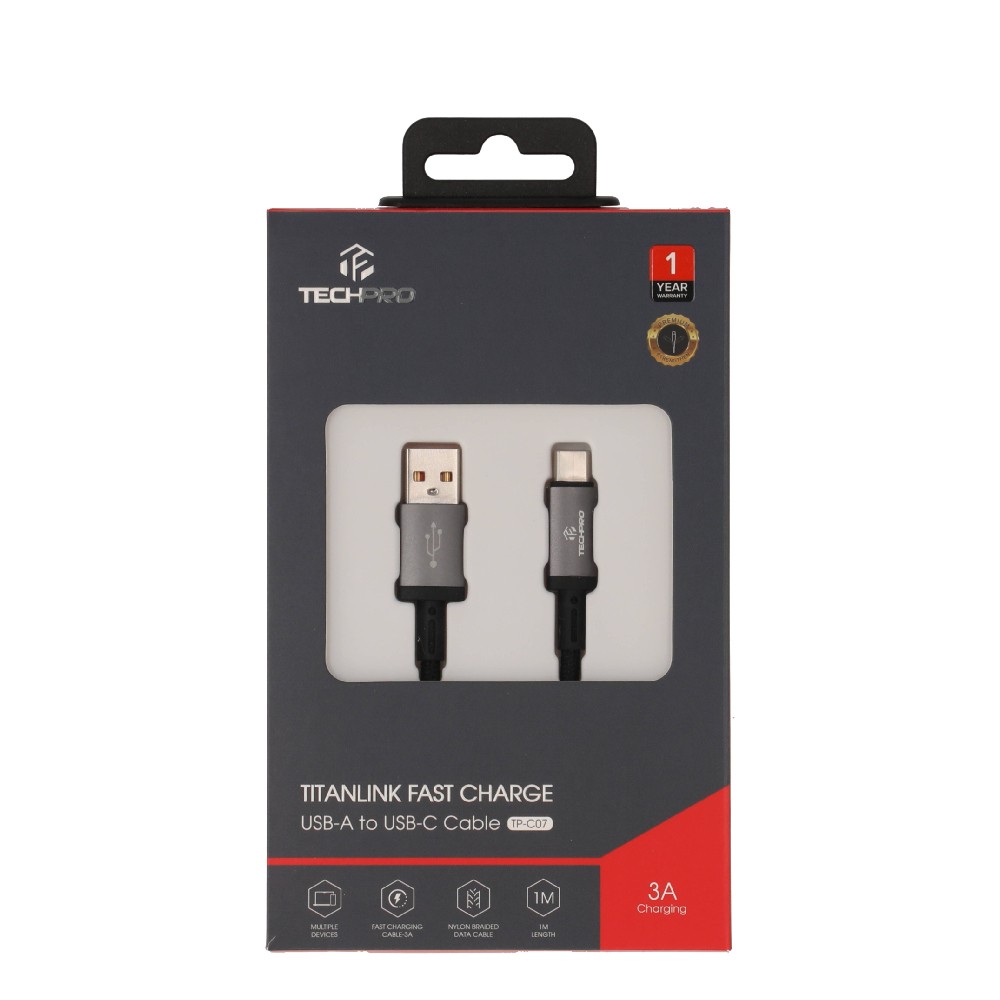 สายชาร์จ TECHPRO USB-A to USB-C Cable 3A Super Fast Charge 1M. Titanlink Black (TP-C07)