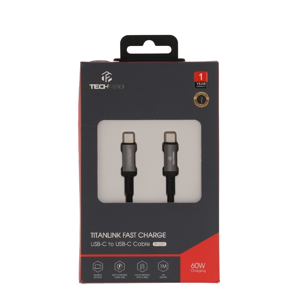 สายชาร์จ TECHPRO USB-C to USB-C Cable 60W 1M. Titanlink Black (TP-C07)