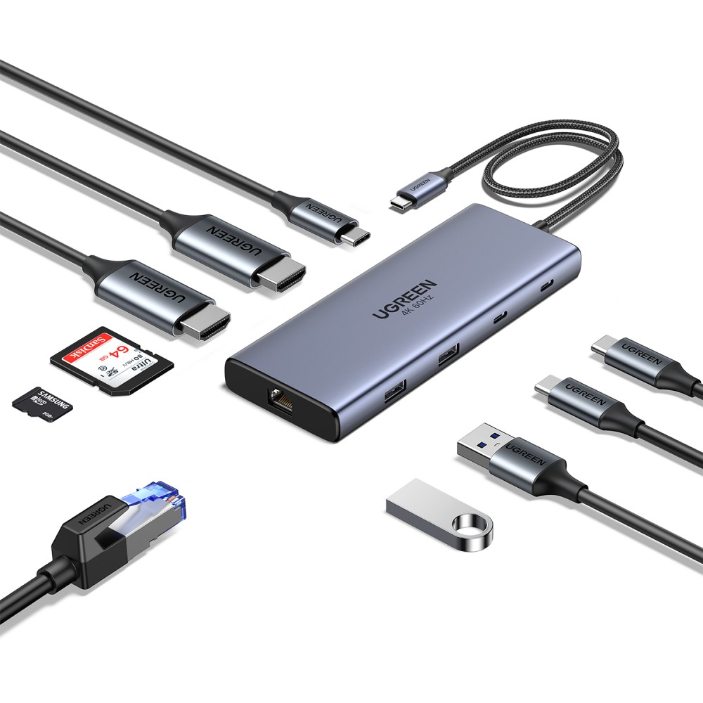 Ugreen Port Hub 10-in-1 USB-C to 2xHDMI/2xUSB-A 3.2/2x USB-C/USB-A 3.0/SD/TF+RJ45+PD(4K@60Hz) (45380) Gray