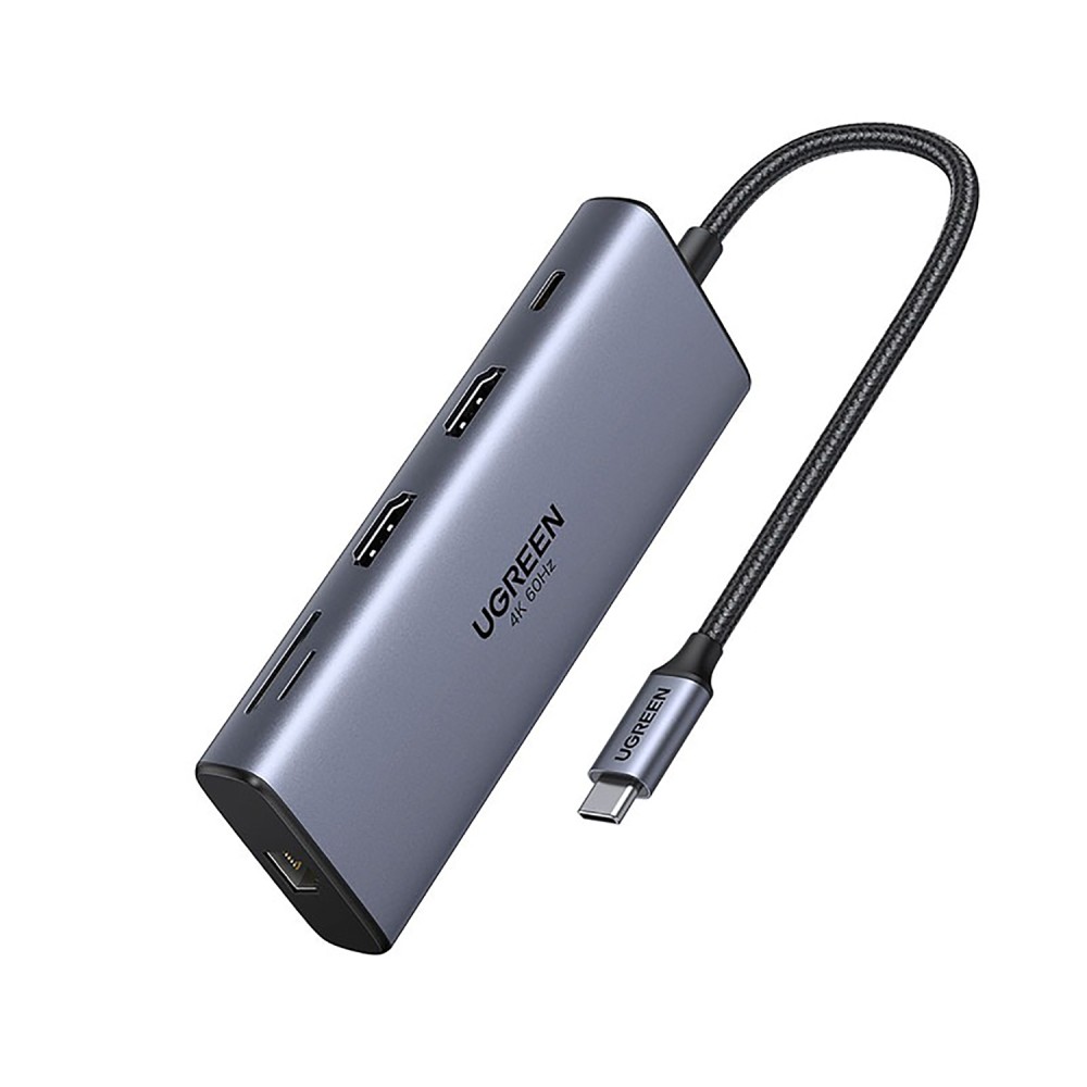 Ugreen Port Hub 10-in-1 USB-C to 2xHDMI/2xUSB-A 3.2/2x USB-C/USB-A 3.0/SD/TF+RJ45+PD(4K@60Hz) (45380) Gray