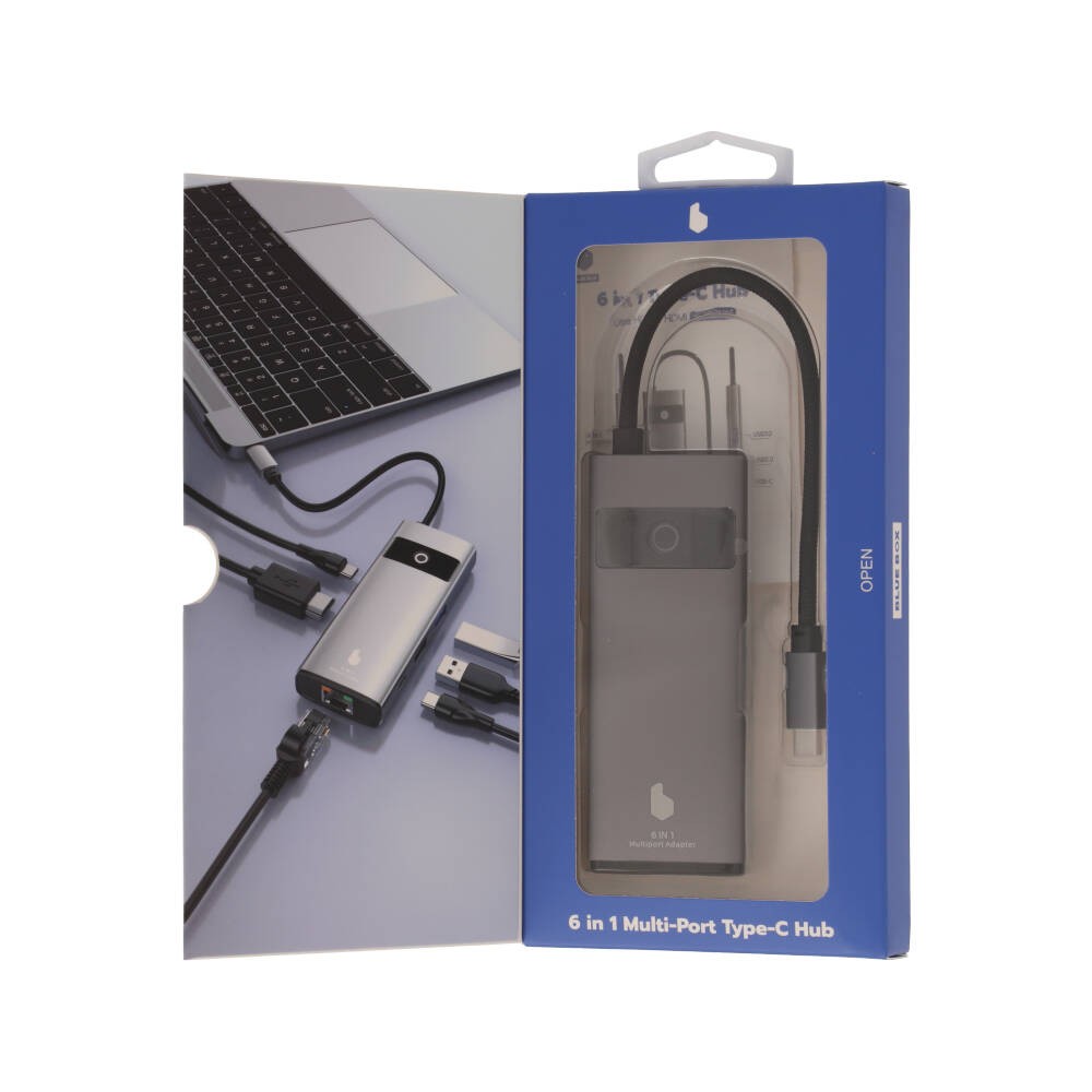 Blue Box Port Hub USB Type-C 6-in-1 Multifunction Converter with Screen On/Off button Gray