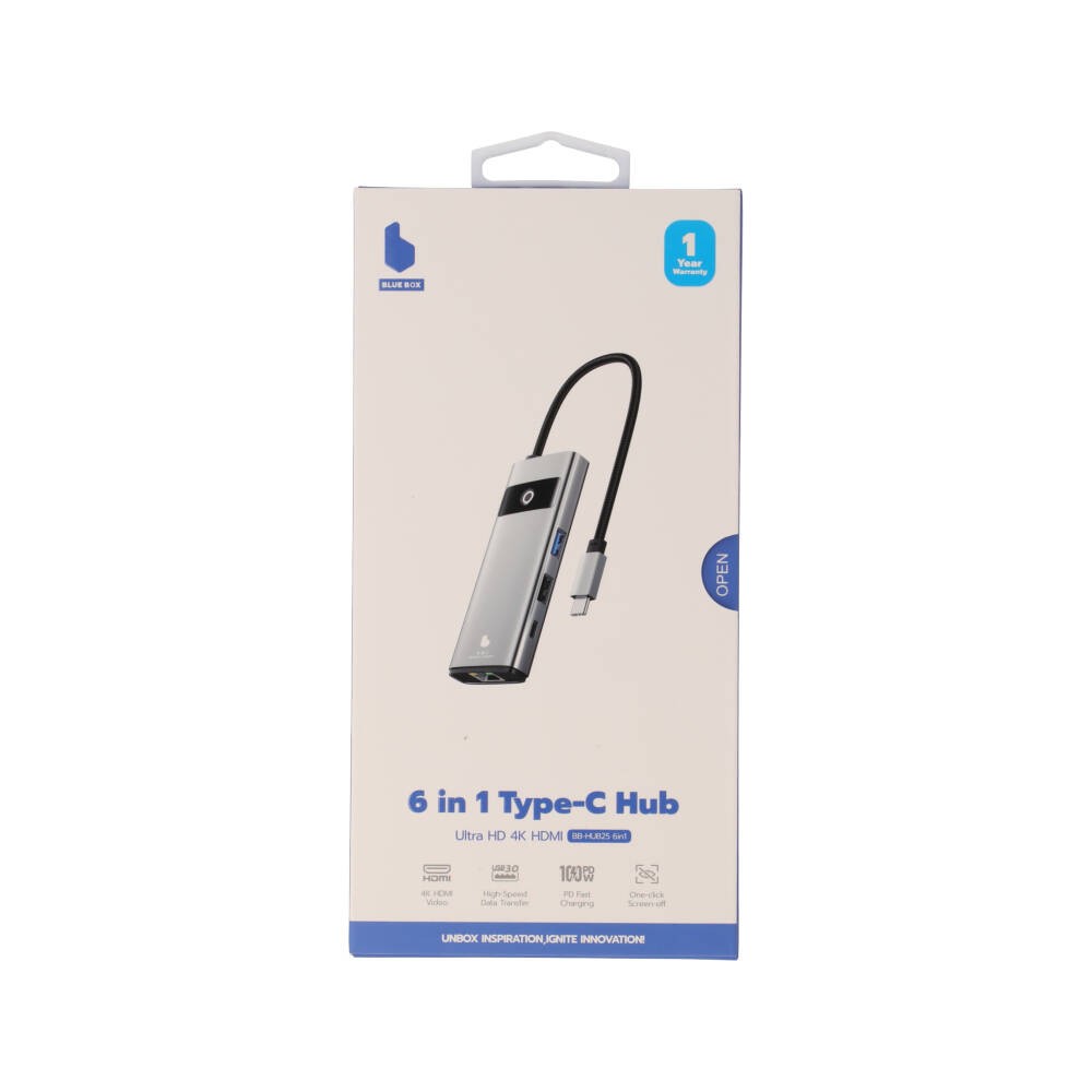 Blue Box Port Hub USB Type-C 6-in-1 Multifunction Converter with Screen On/Off button Gray