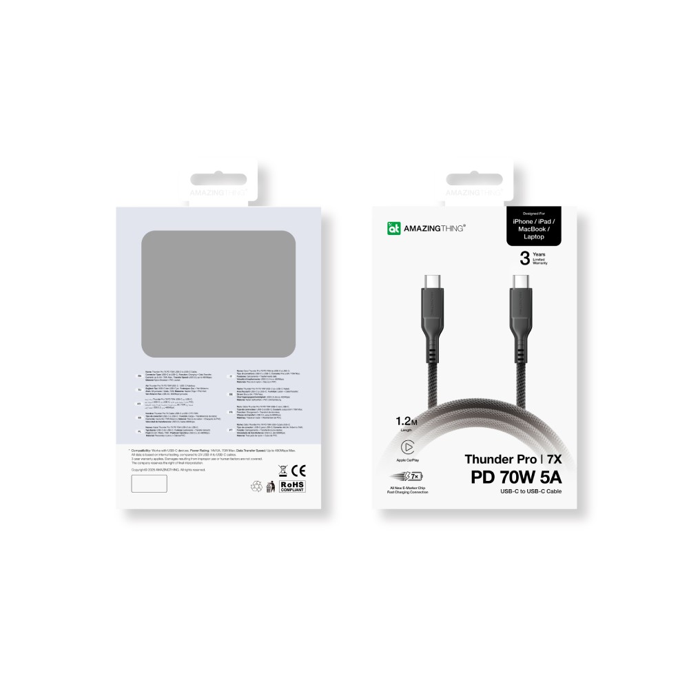 สายชาร์จ AMAZINGthing USB-C to USB-C Cable 70W Thunder Pro I 7X 1.2M Black