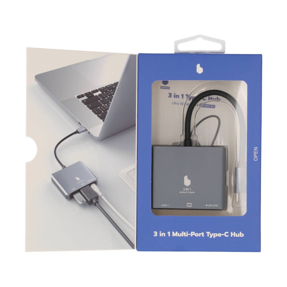 Blue Box Port Hub USB Type-C Hub 3-in-1 Silver Gray