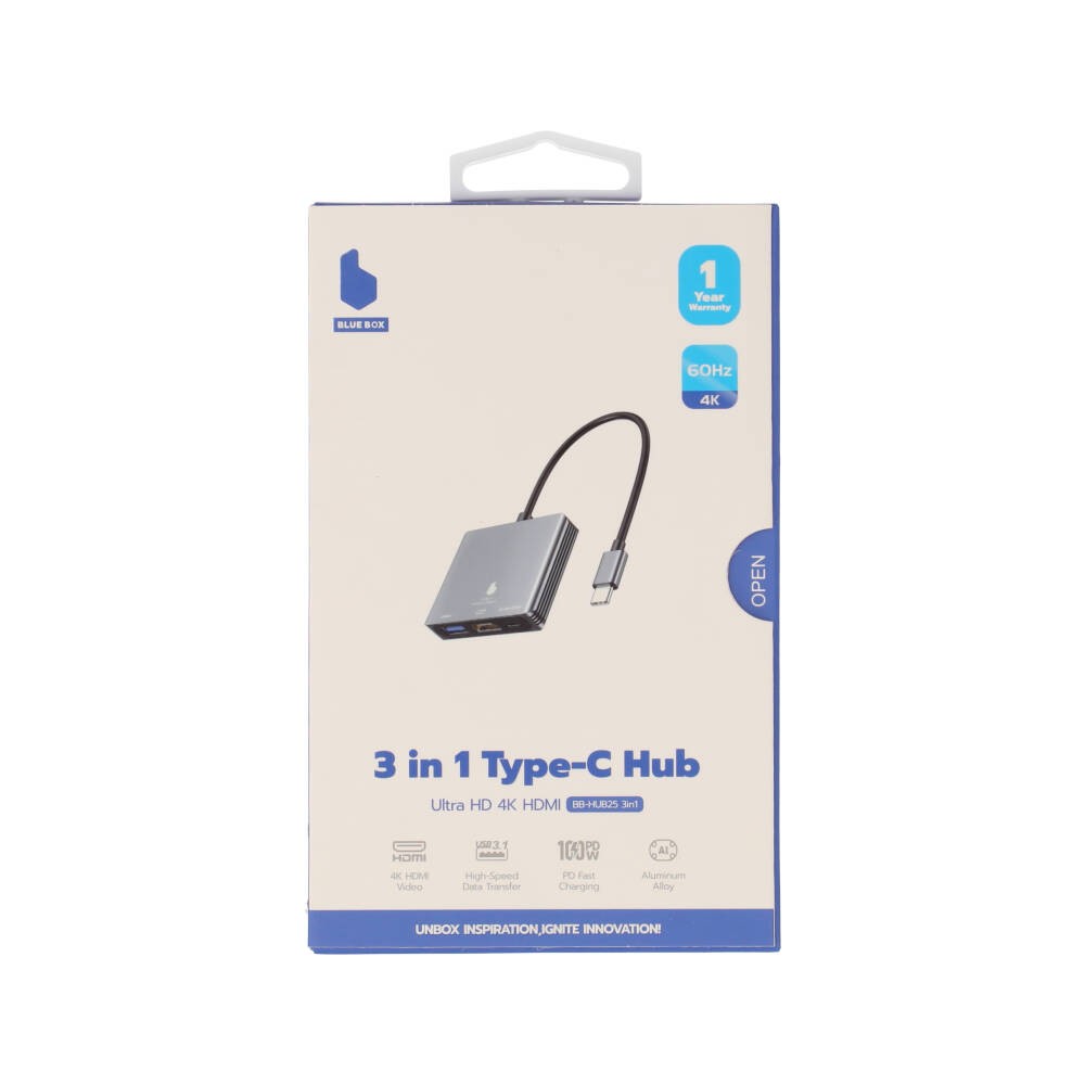 Blue Box Port Hub USB Type-C Hub 3-in-1 Silver Gray