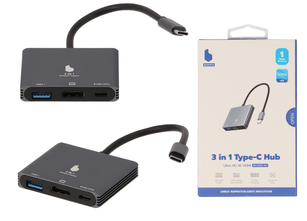 Hub 3 In 1 Blue Box Port Hub USB Type-C Hub 3-in-1 Silver Grey