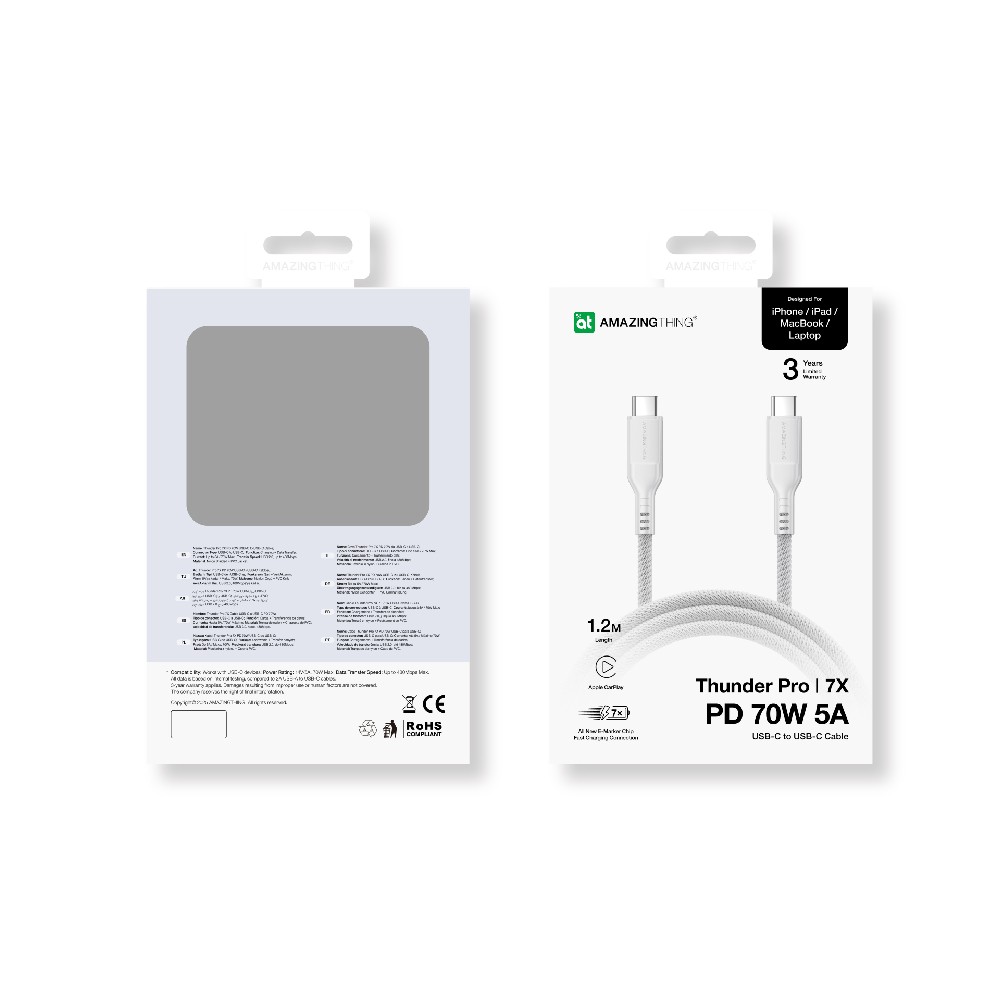 สายชาร์จ AMAZINGthing USB-C to USB-C 70W Thunder Pro I 7X 1.2M Titan White