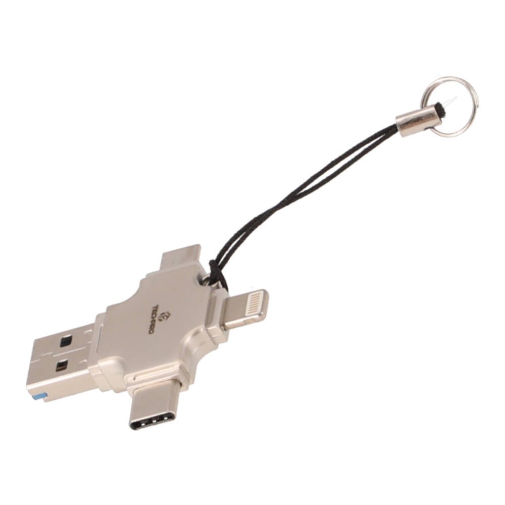 เครื่องอ่านการ์ด TECHPRO 4-in-1 Portable TF Card Reader (USB-A/USB-C/Lightning/Micro-USB)